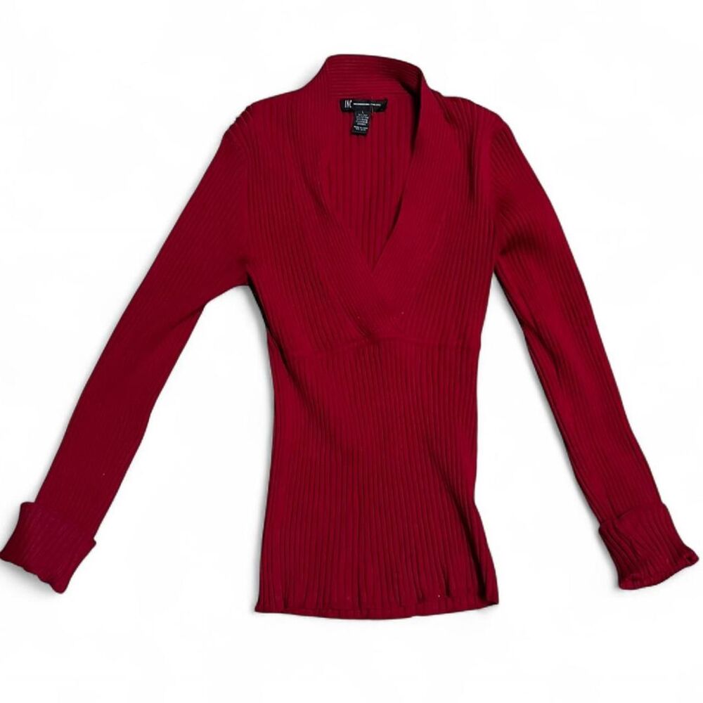 I.N.C. Vintage silk Blend Red Long Sleeve Fitted , & Ribbed Top W/Unique V-neck